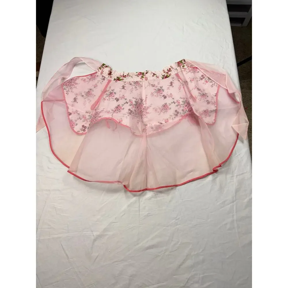 VTG 1950s pink floral waist apron with sheer bottom, pockets Up to 30 inch waist